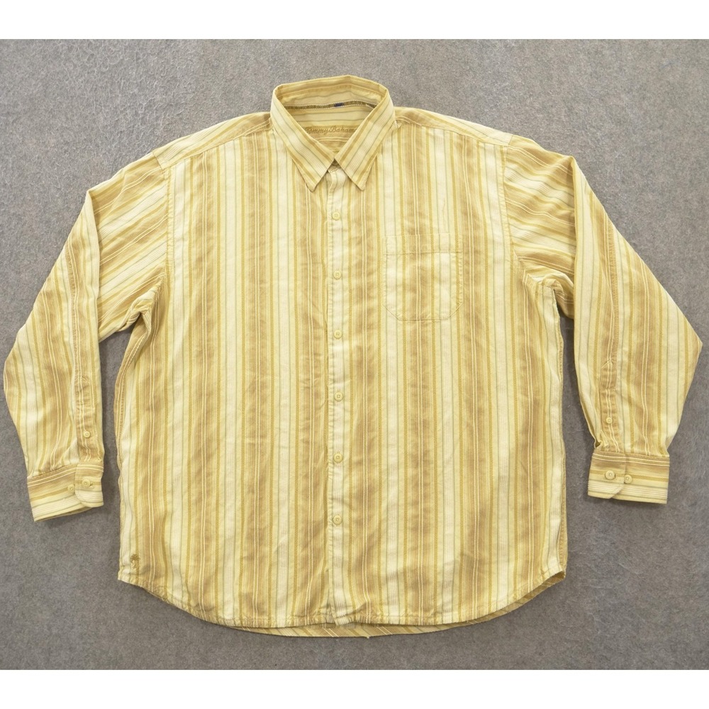 Tommy Bahama Shirt 2XL XXL Yellow Button Up Silk Short Sleeve Striped Casual